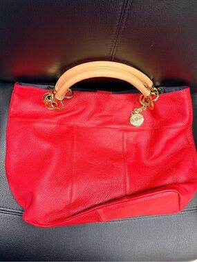Tommy Hilfiger Large Red Pebbled Leather Tote Bag with Gold Hardware